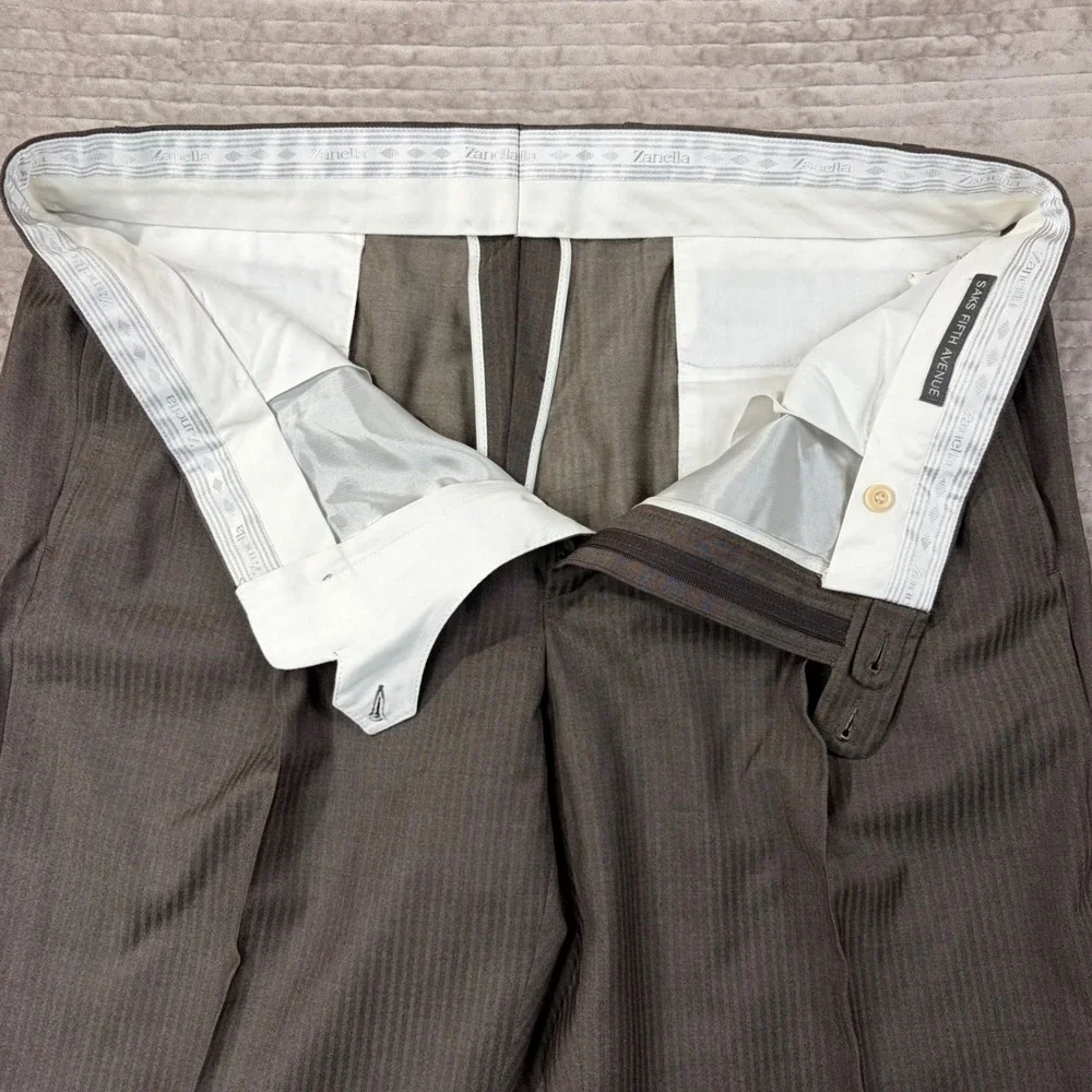 Zanella Thomas Brown Herringbone Wool Pleated‎ Cuffed Dress Pants Mens 40 Italy